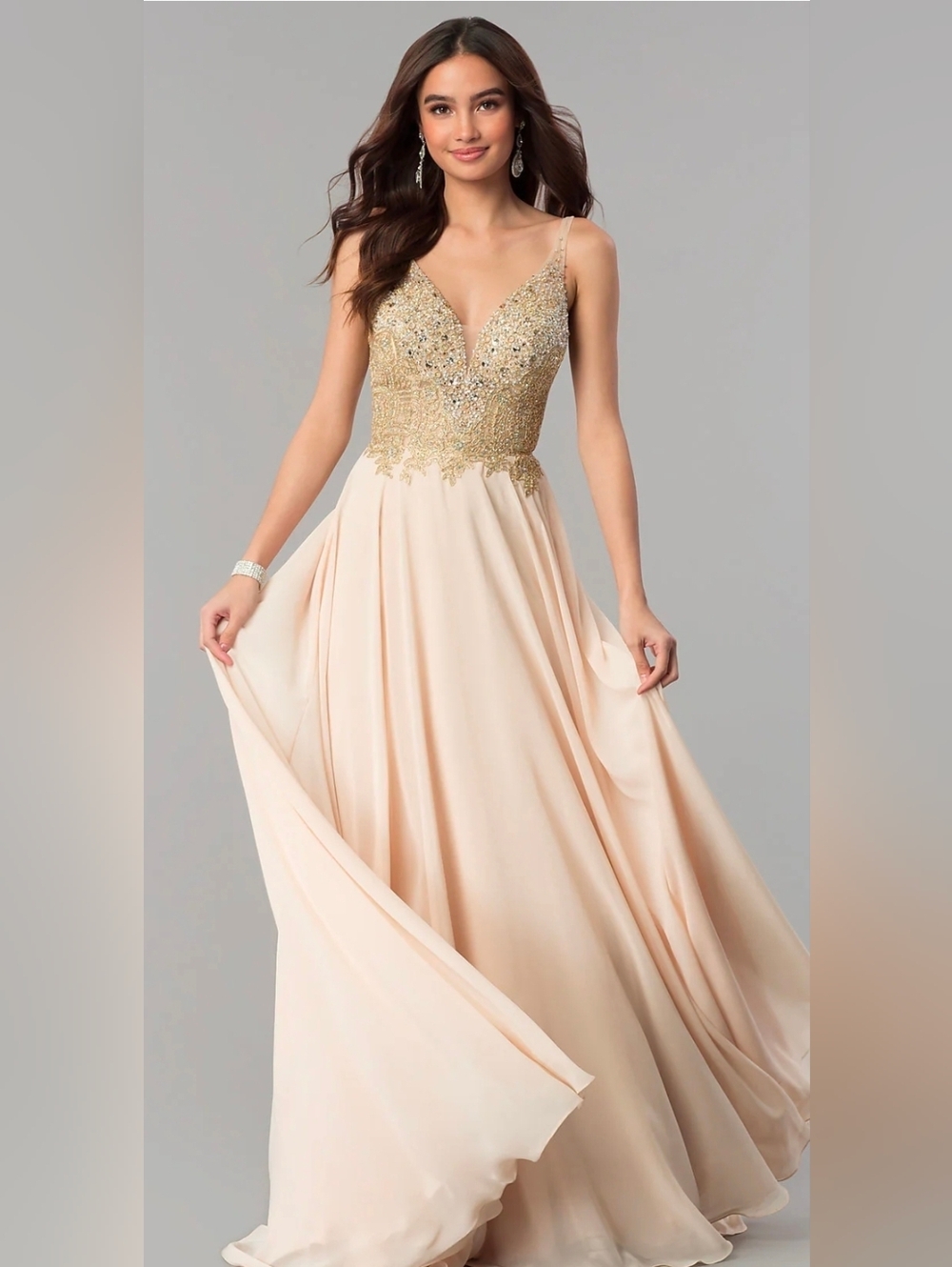 Dancing Queen Gold Beaded Bodice on Blush A-Line Prom Dress